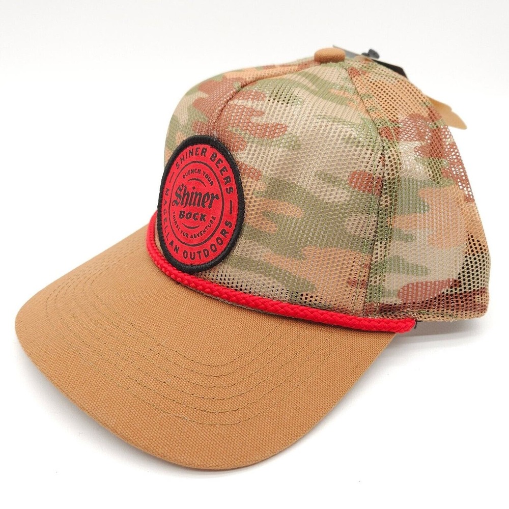 Shiner Bock Snapback Mesh Rope Trucker Hat Tan Camo Hunting Magellan Patch Cap